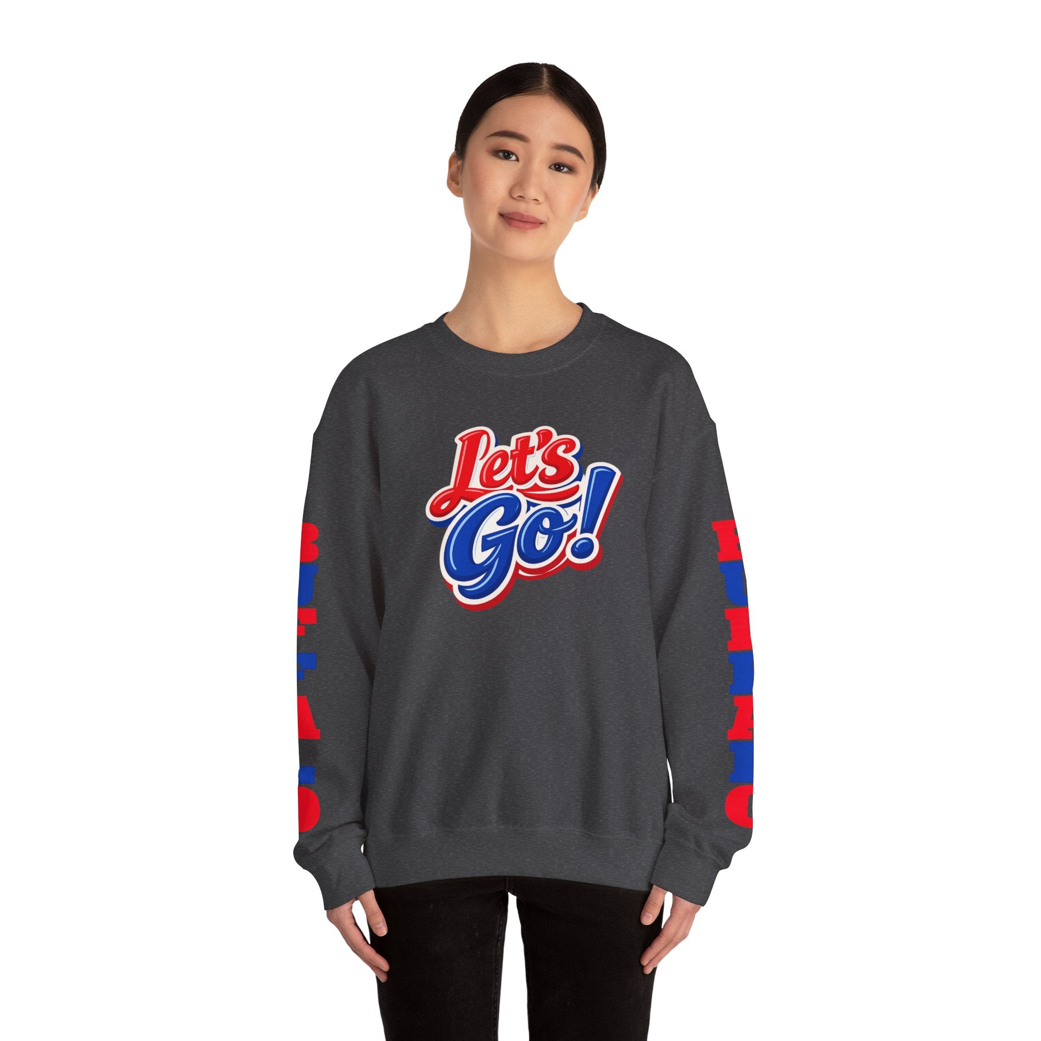 Let's Go! Buffalo crewneck sweatshirt | Retro script design, red blue sleeve text