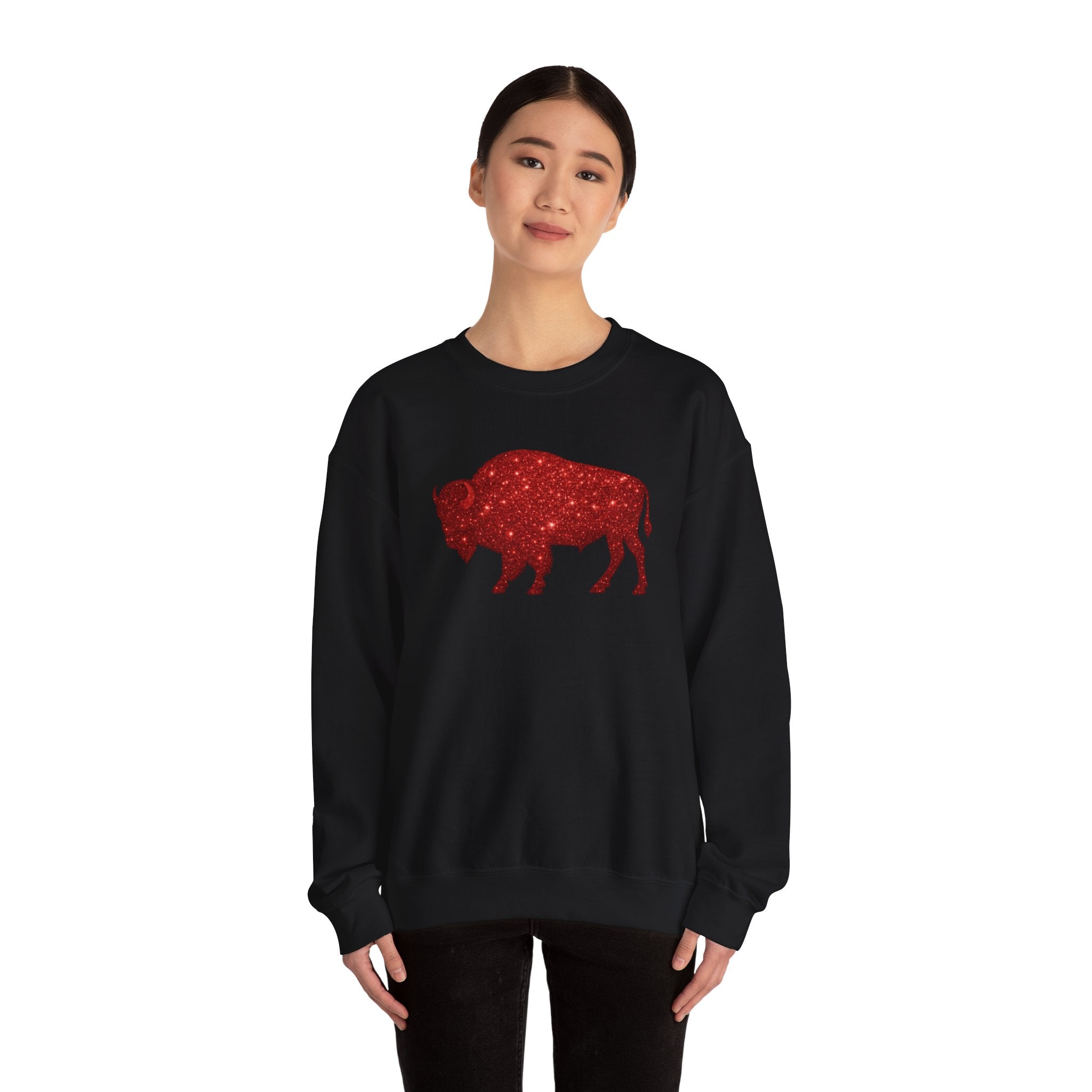 Red Glitter Buffalo Sweatshirt | Rustic Buffalo Silhouette, Western Farm