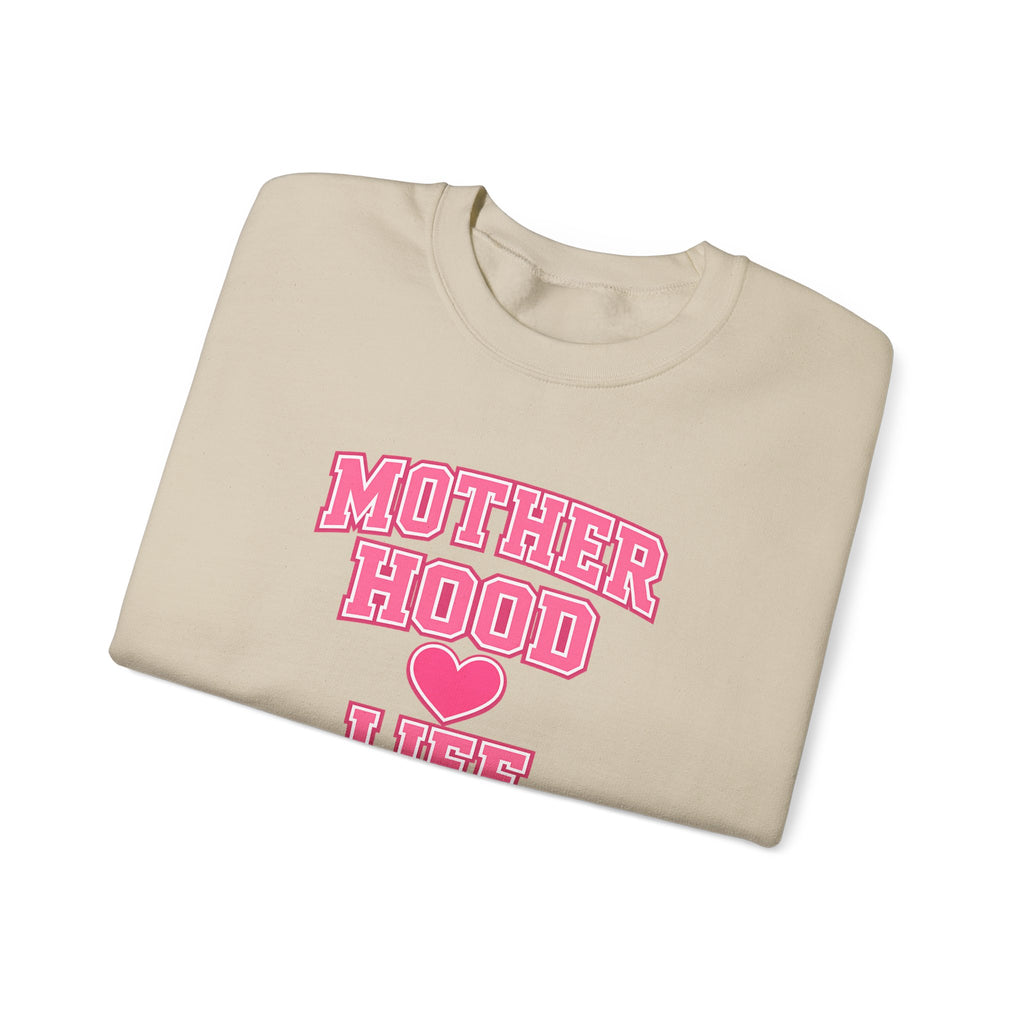 Crewneck Sweatshirt — "Motherhood Life" Pink Varsity Heart Graphic