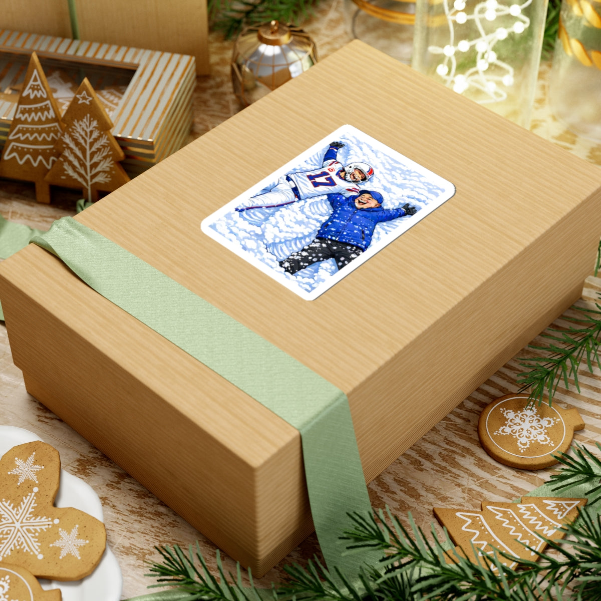 Buffalo Football Player and Coach Making Snow Angels Kiss-Cut Sticker | Winter Scene