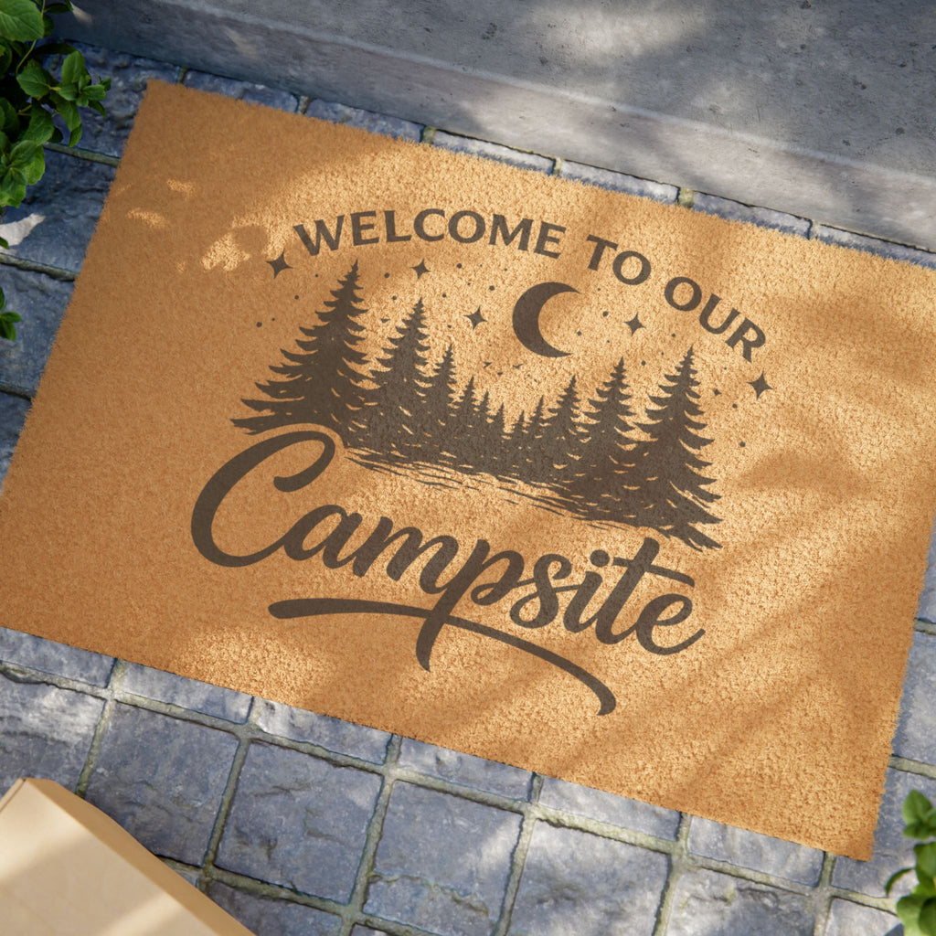 Welcome to Our Campsite Doormat — Rustic Outdoor Pine Tree Entrance Mat