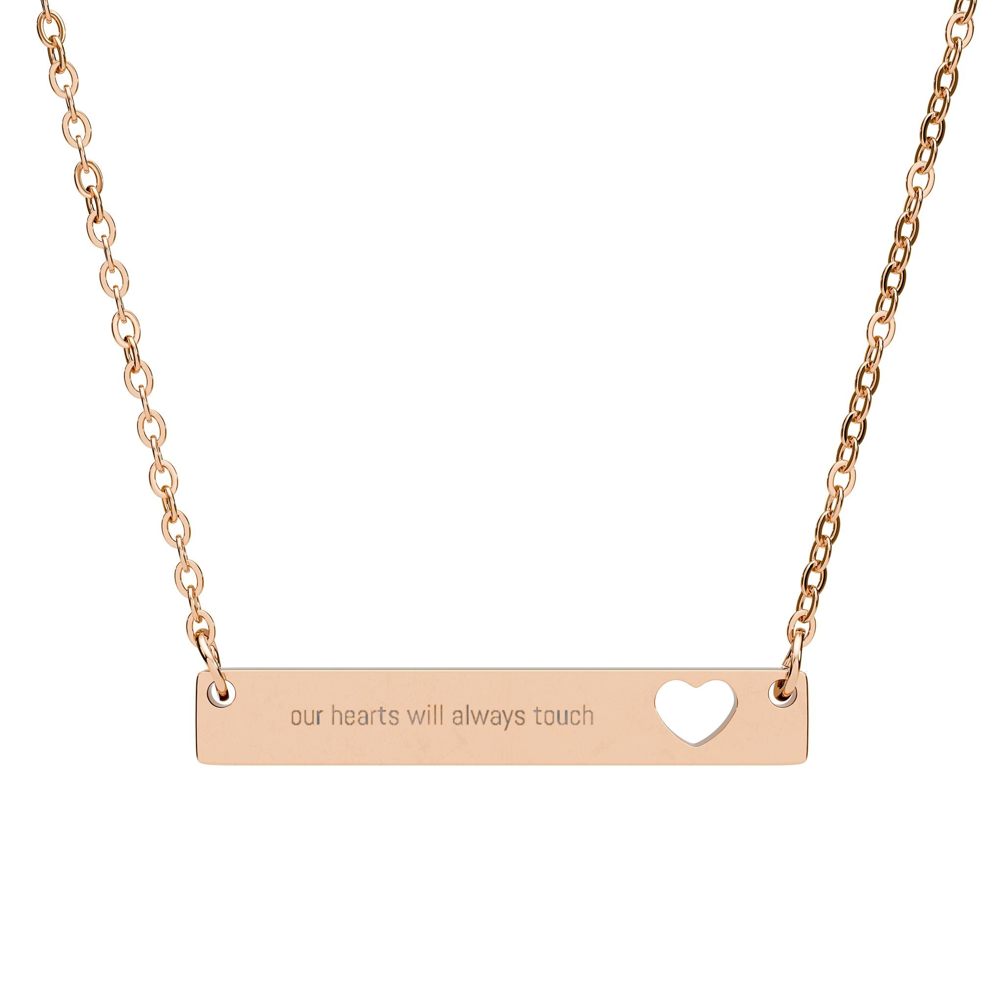 Cutout Heart Bar Necklace, Engraving Bar Necklace | Sterling Silver or Rose Gold | our hearts will always touch