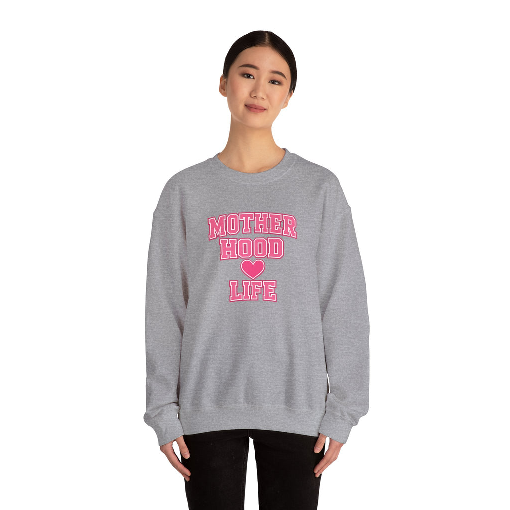 Crewneck Sweatshirt — "Motherhood Life" Pink Varsity Heart Graphic