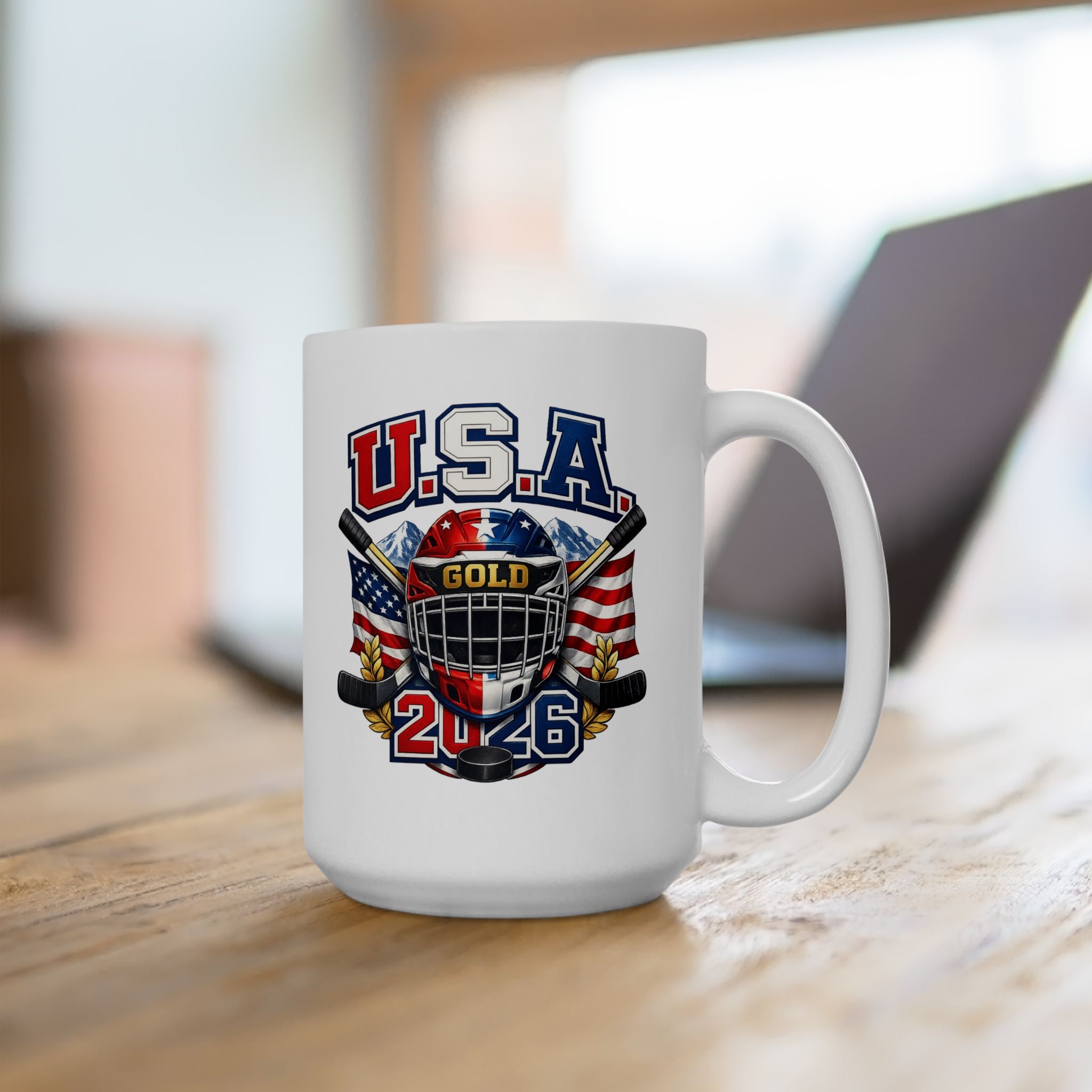 USA Hockey Ceramic Mug — American Flag & Hockey Stick Coffee Mug