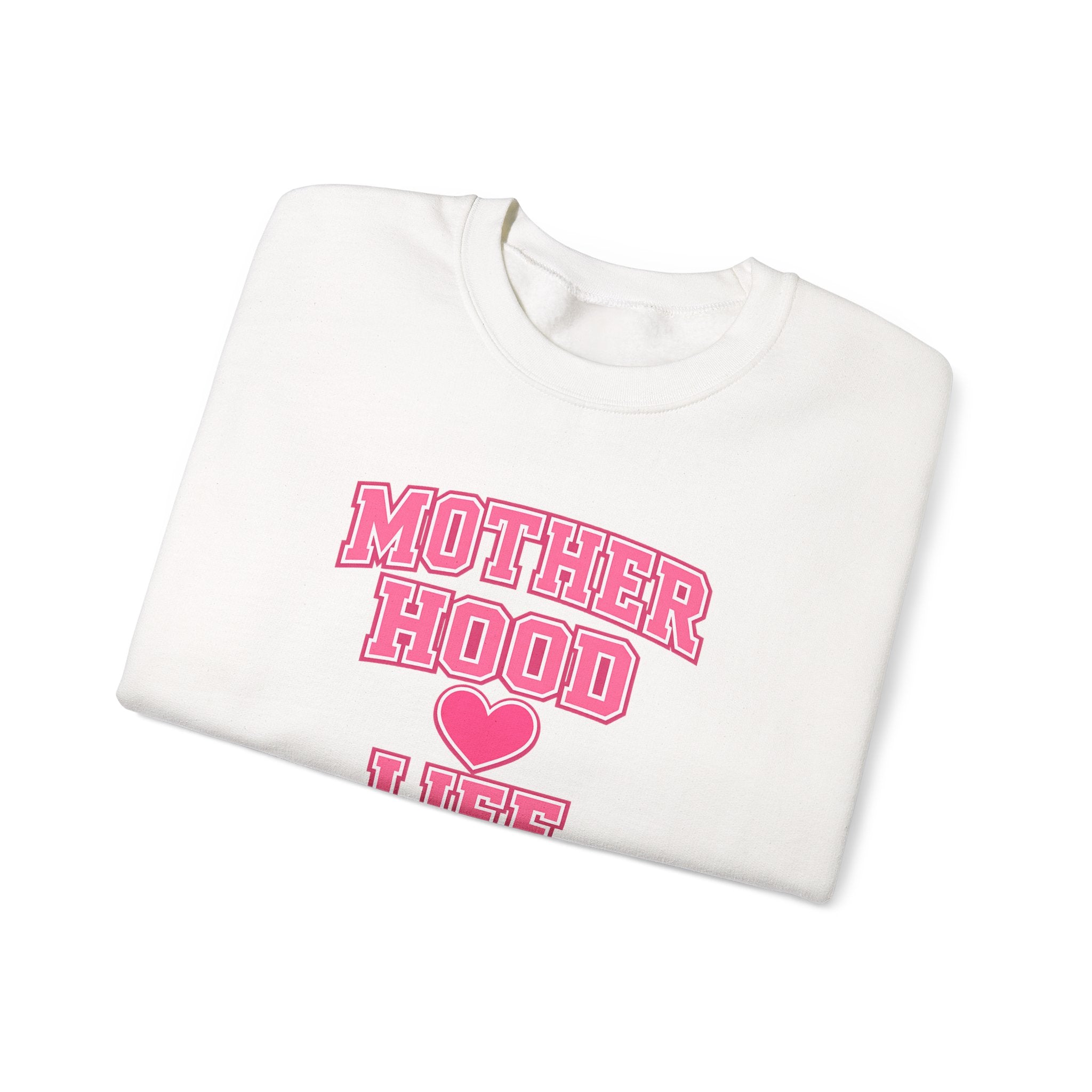 Crewneck Sweatshirt — "Motherhood Life" Pink Varsity Heart Graphic