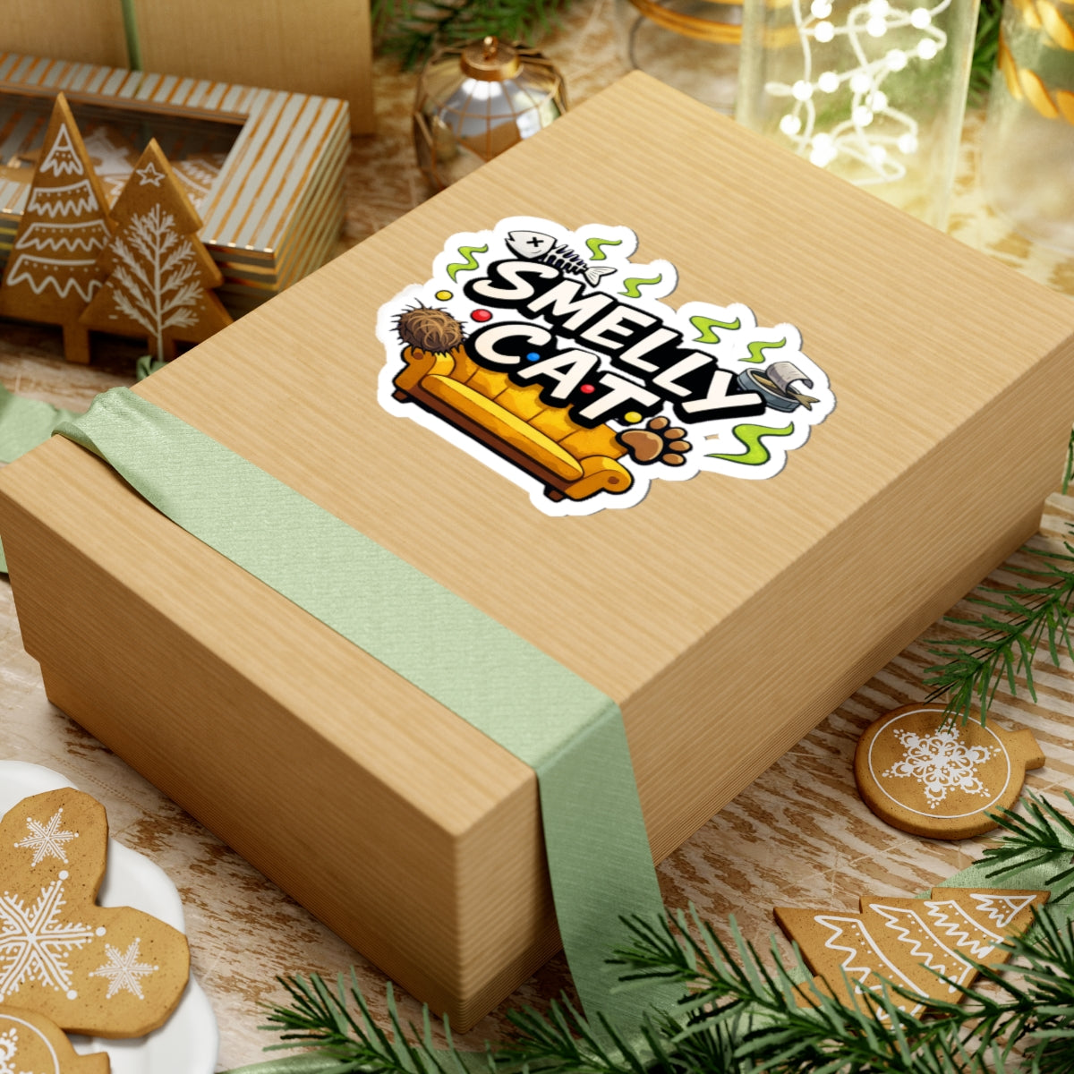 Friends Smelly Cat sticker | Kiss-cut vinyl decal, couch, paw, fishbone design