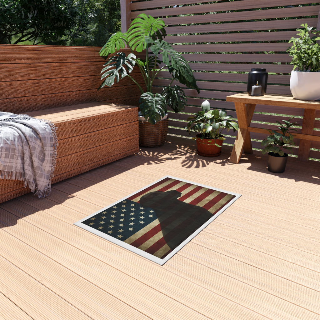 Black Labrador Silhouette on American Flag Outdoor Rug | Patriotic Dog Mat