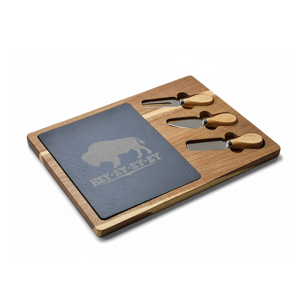 Engraved Buffalo Charcuterie Board with Slate Insert – 'Hey-Ey-Ey-Ey'