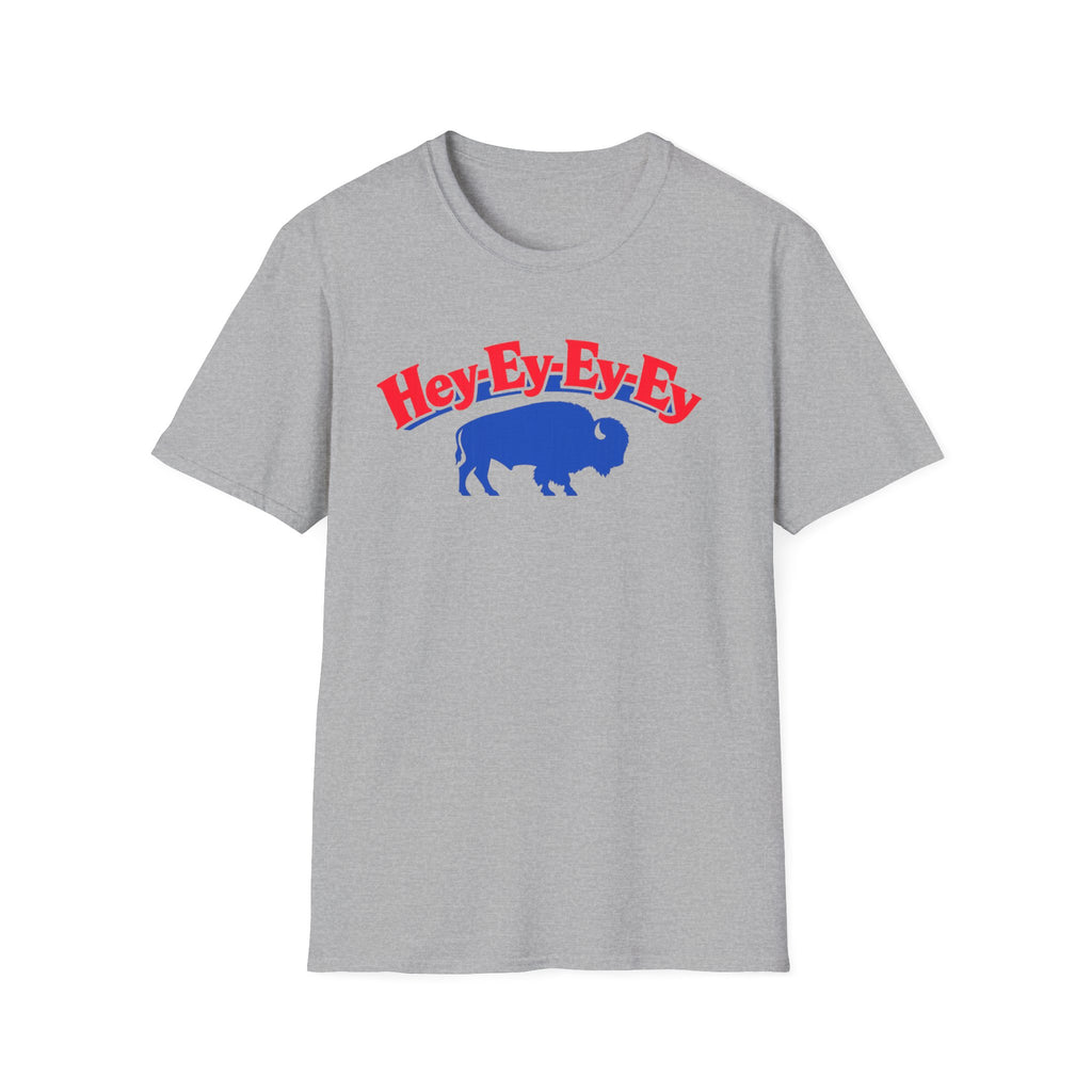 Hey-Ey-Ey-Ey Buffalo T-Shirt | Blue Buffalo Silhouette, Red Retro Text