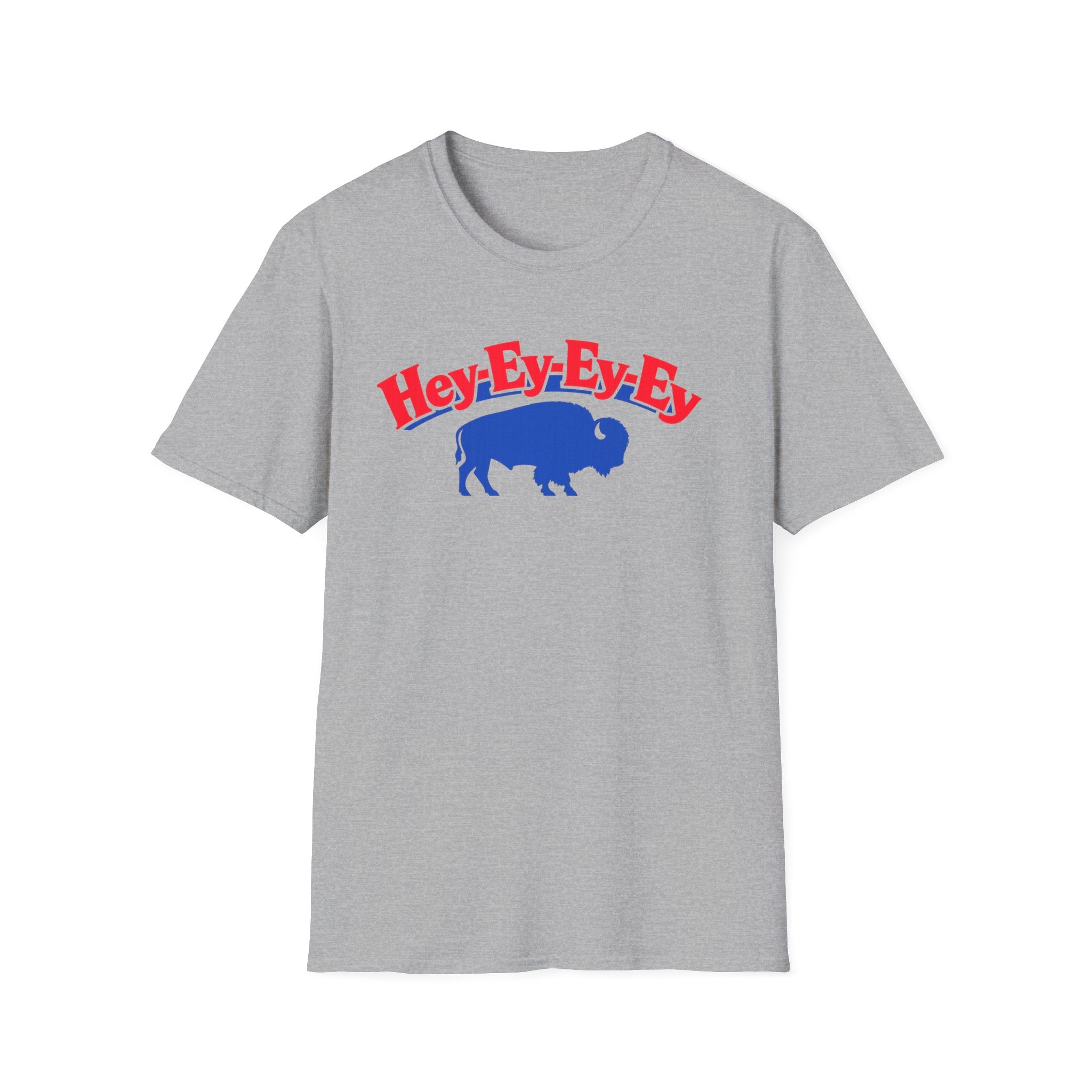 Hey-Ey-Ey-Ey Buffalo T-Shirt | Blue Buffalo Silhouette, Red Retro Text