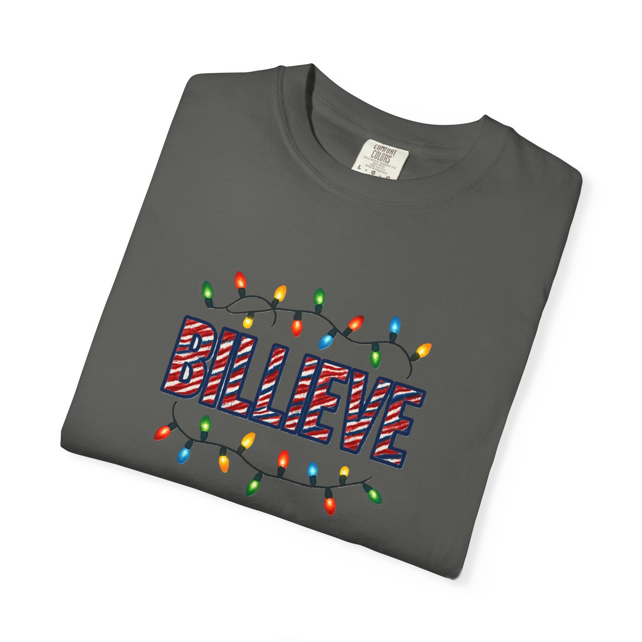 Billieve text with Christmas lights T-Shirt | Holiday graphic tee