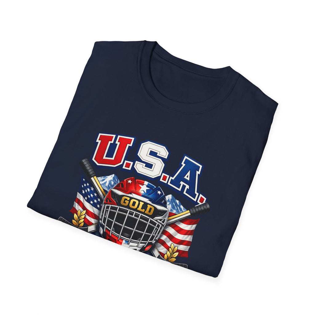 USA Gold Hockey 2K8 T-Shirt — American Flag Hockey Helmet Graphic Tee