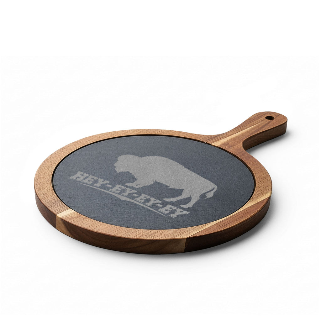 Engraved Buffalo Charcuterie Board with Slate Insert – 'Hey-Ey-Ey-Ey'