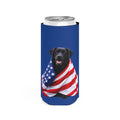 Black Labrador Wrapped in American Flag Slim Can Cooler | Patriotic Dog
