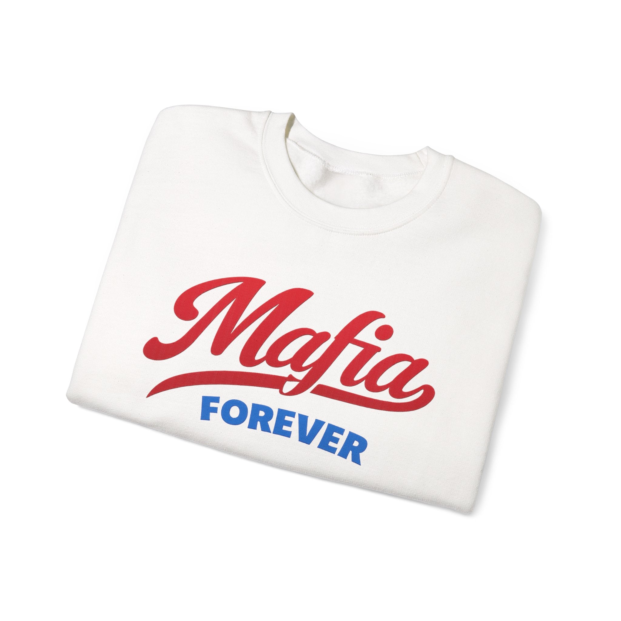 Mafia Forever Crewneck Sweatshirt | Retro Script Logo, White Pullover