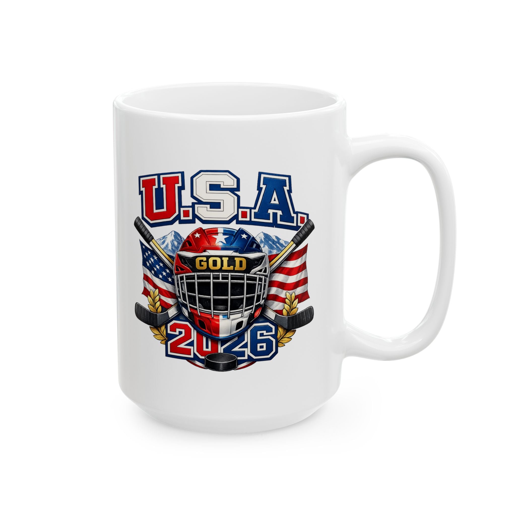 USA Hockey Ceramic Mug — American Flag & Hockey Stick Coffee Mug