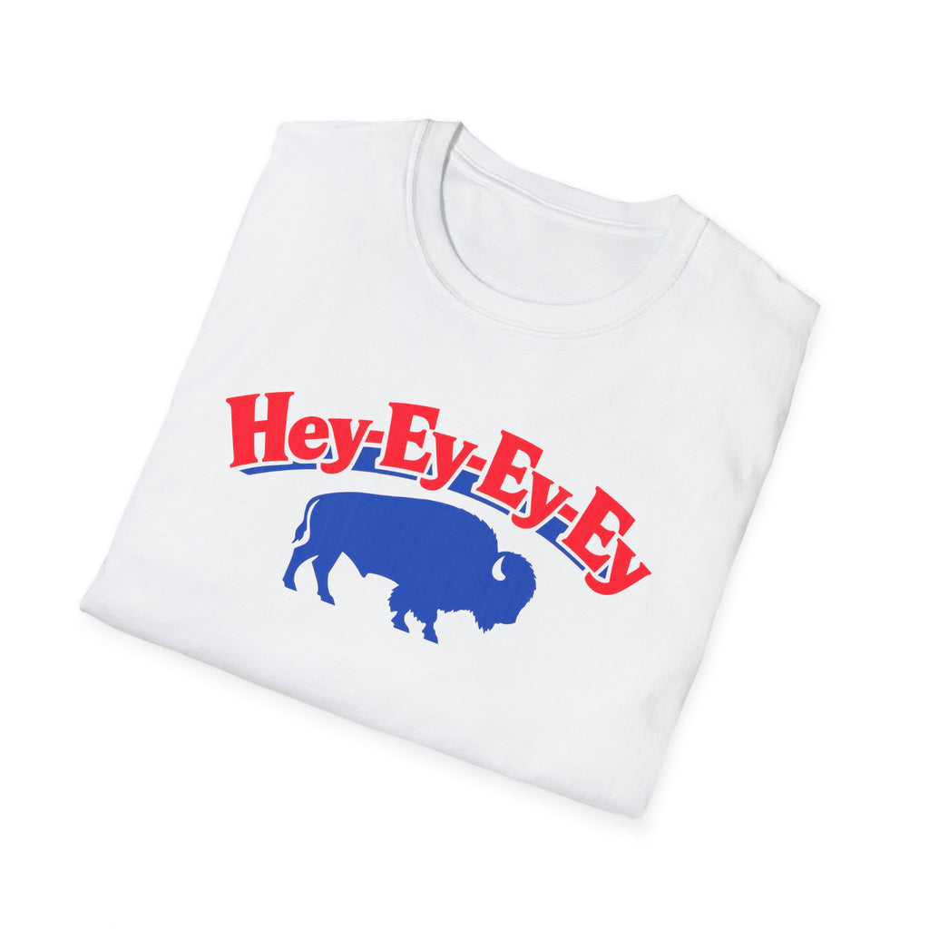 Hey-Ey-Ey-Ey Buffalo T-Shirt | Blue Buffalo Silhouette, Red Retro Text