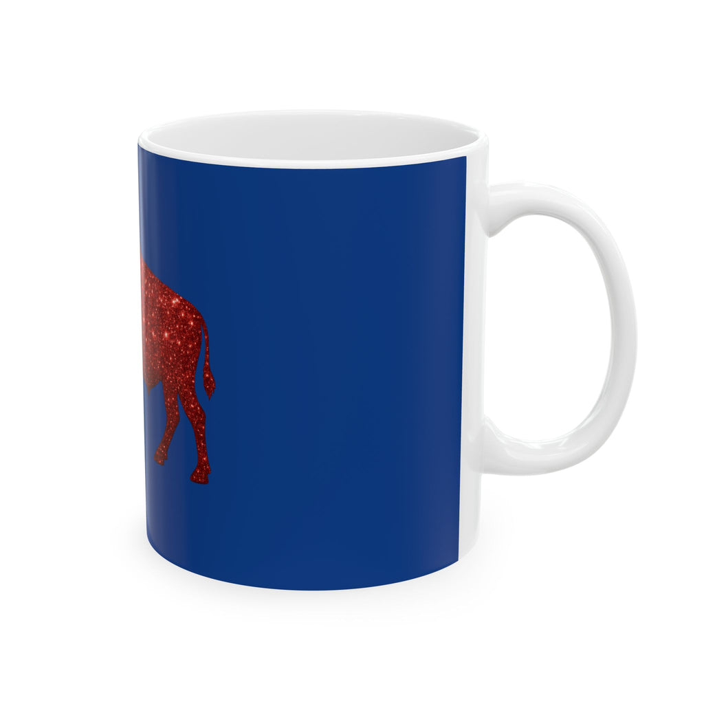 Red Glitter Buffalo Mug | Blue Background Ceramic Mug