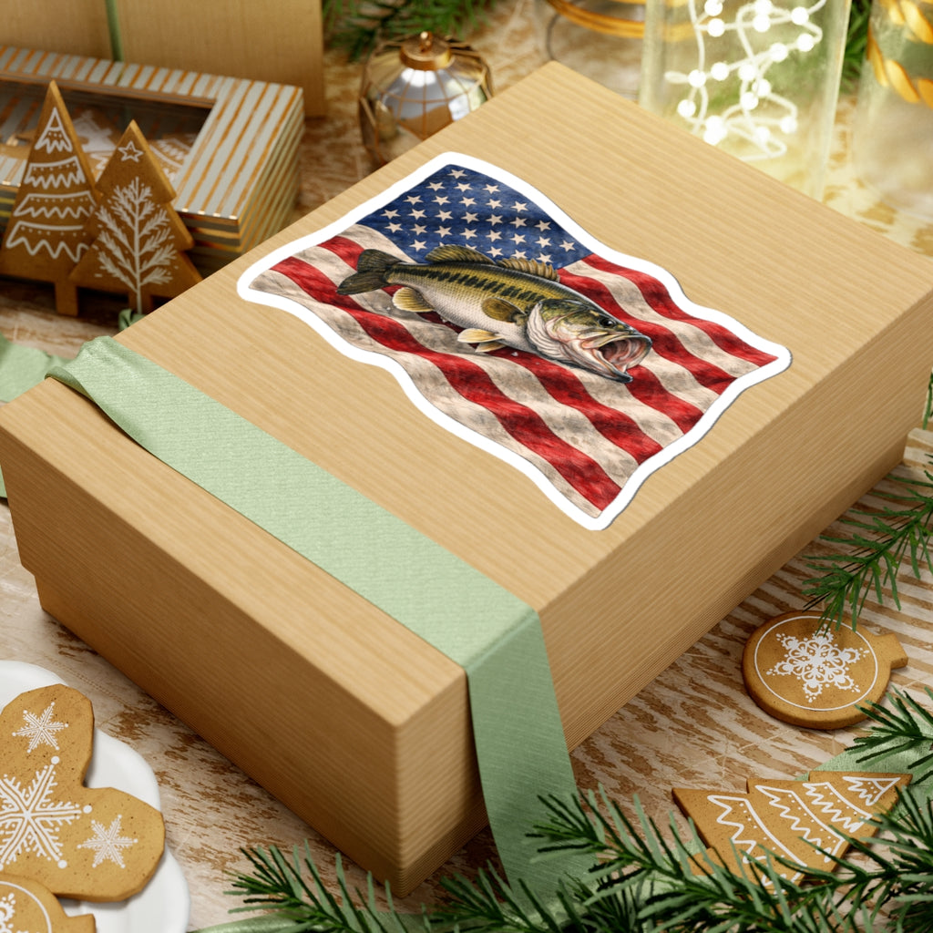 Bass Fish on American Flag Sticker | Kiss-Cut Vinyl Sticker