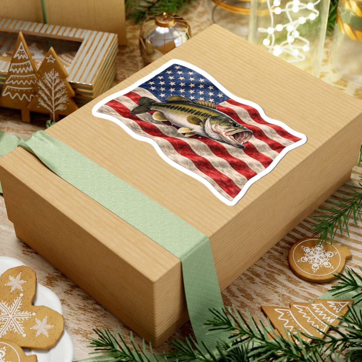 Bass Fish on American Flag Sticker | Kiss-Cut Vinyl Sticker