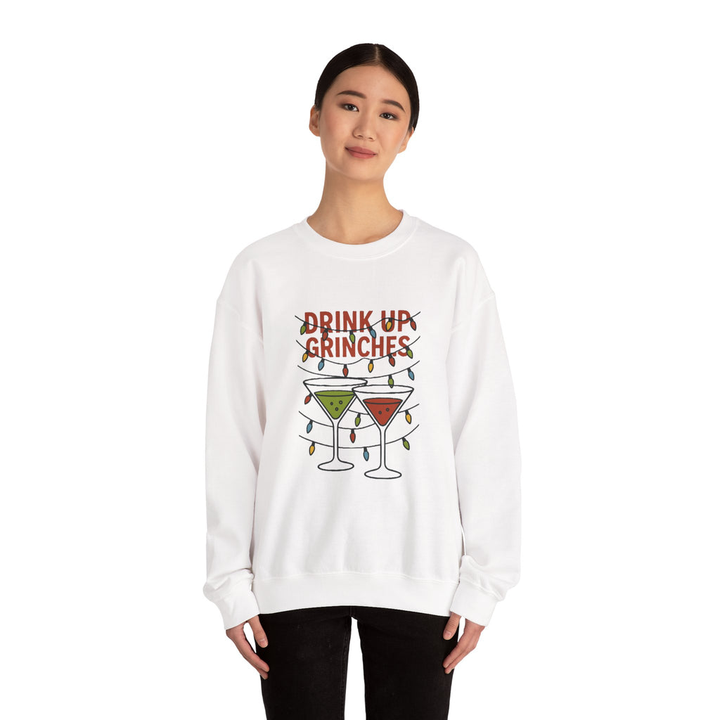 Drink Up Grinches Sweatshirt | Christmas cocktail lights holiday design