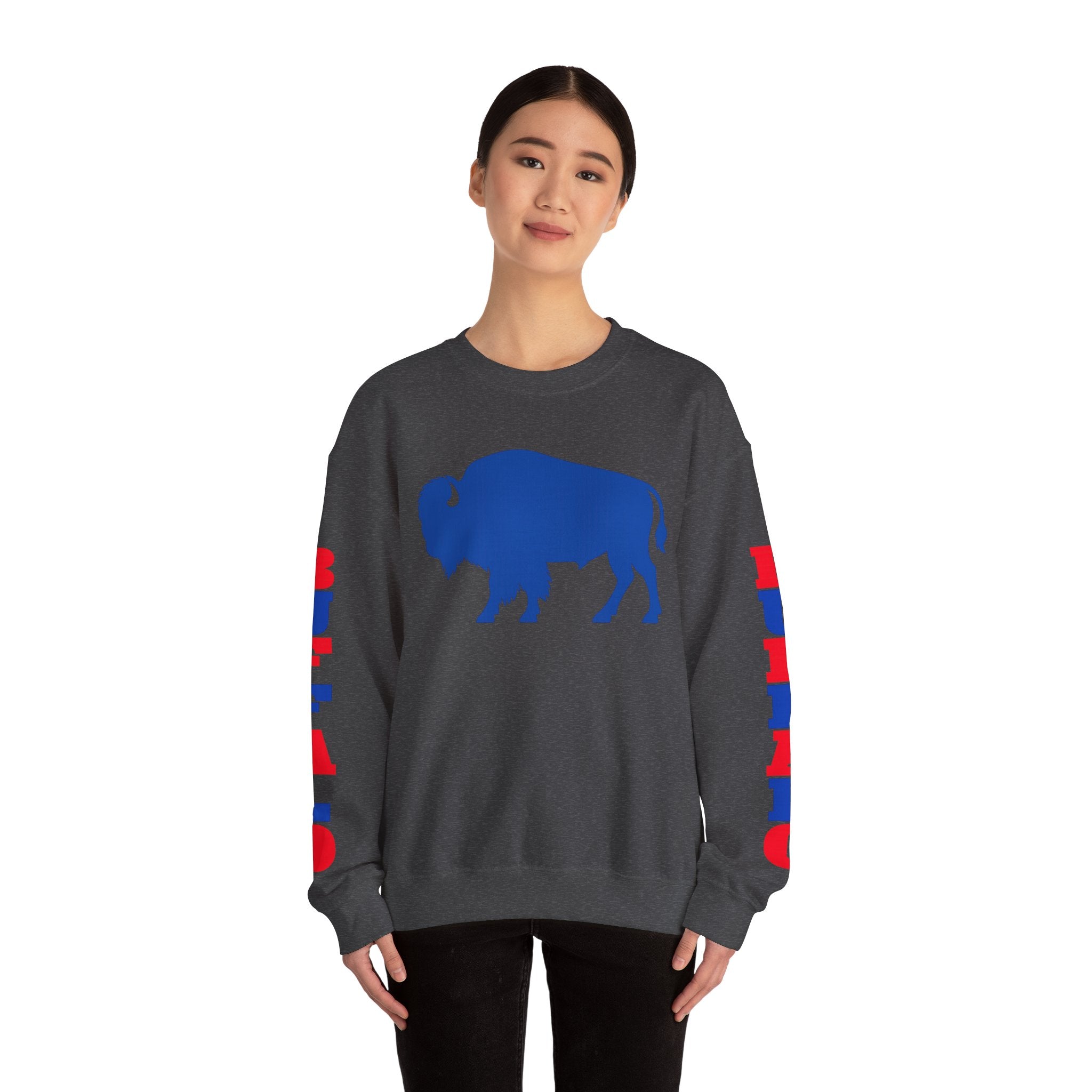 Blue Buffalo Silhouette Buffalo Sweatshirt | Red Blue Sleeve Text