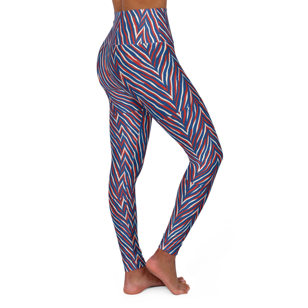 Red Blue Chevron Striped Leggings High Waisted Yoga Leggings | Abstract Geometric Pattern