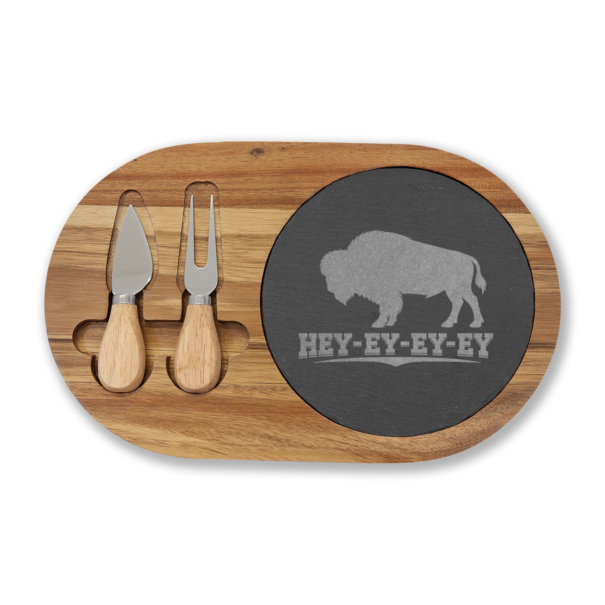 Engraved Buffalo Charcuterie Board with Slate Insert – 'Hey-Ey-Ey-Ey'
