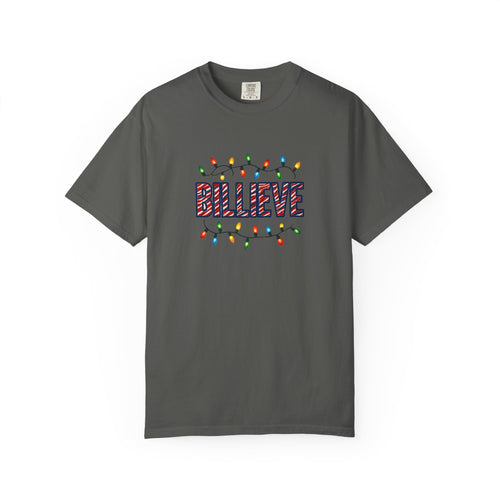 Billieve text with Christmas lights T-Shirt | Holiday graphic tee