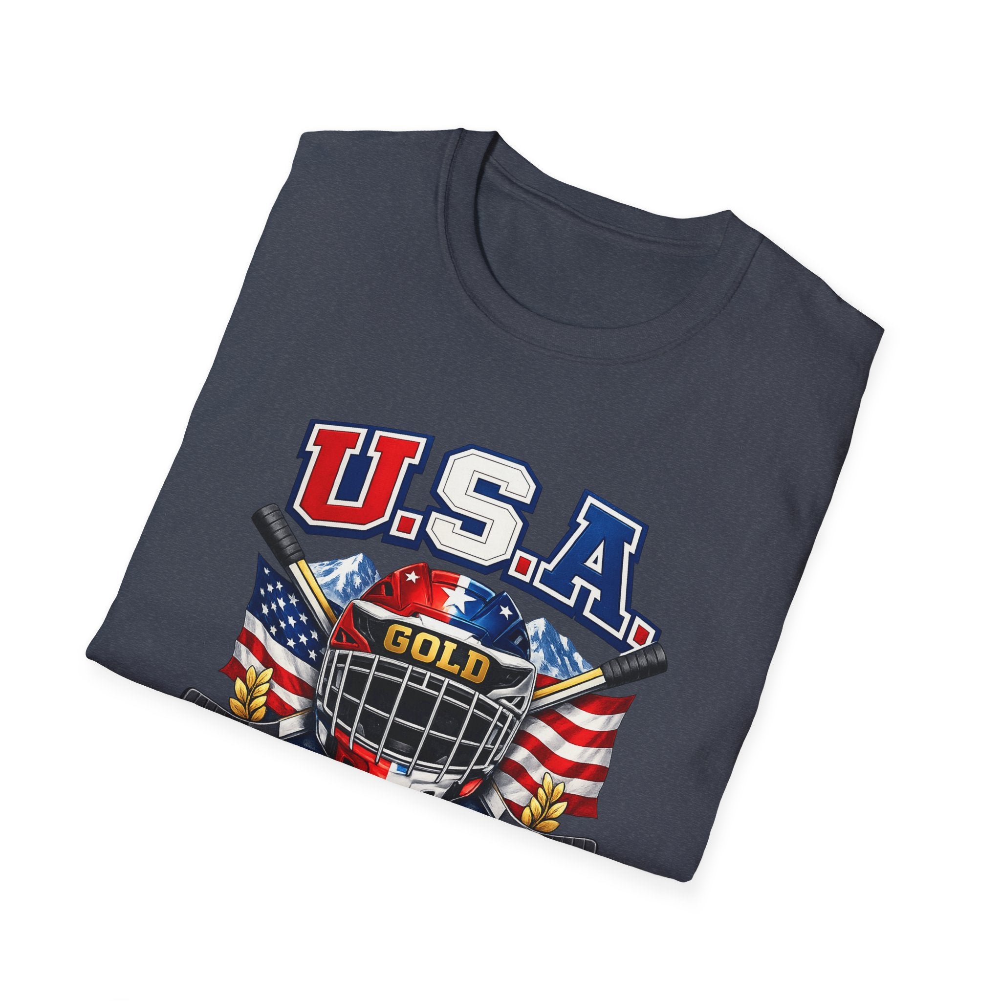 USA Gold Hockey 2K8 T-Shirt — American Flag Hockey Helmet Graphic Tee