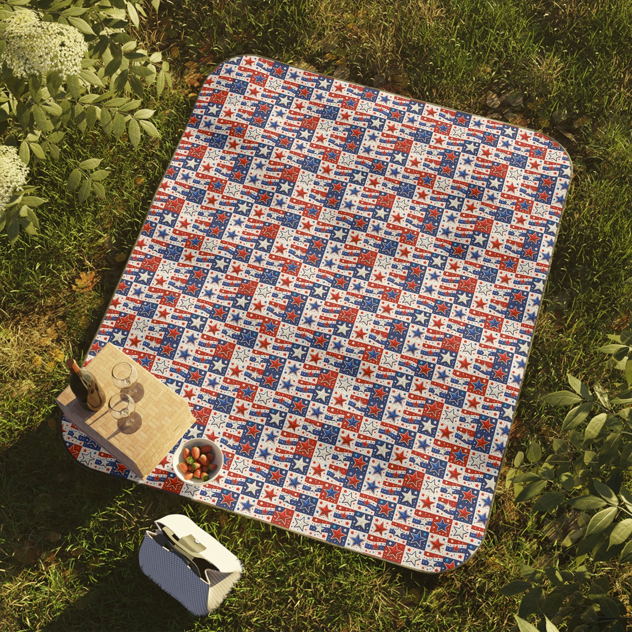Patriotic Stars & Stripes Picnic Blanket — Red White Blue Outdoor Throw