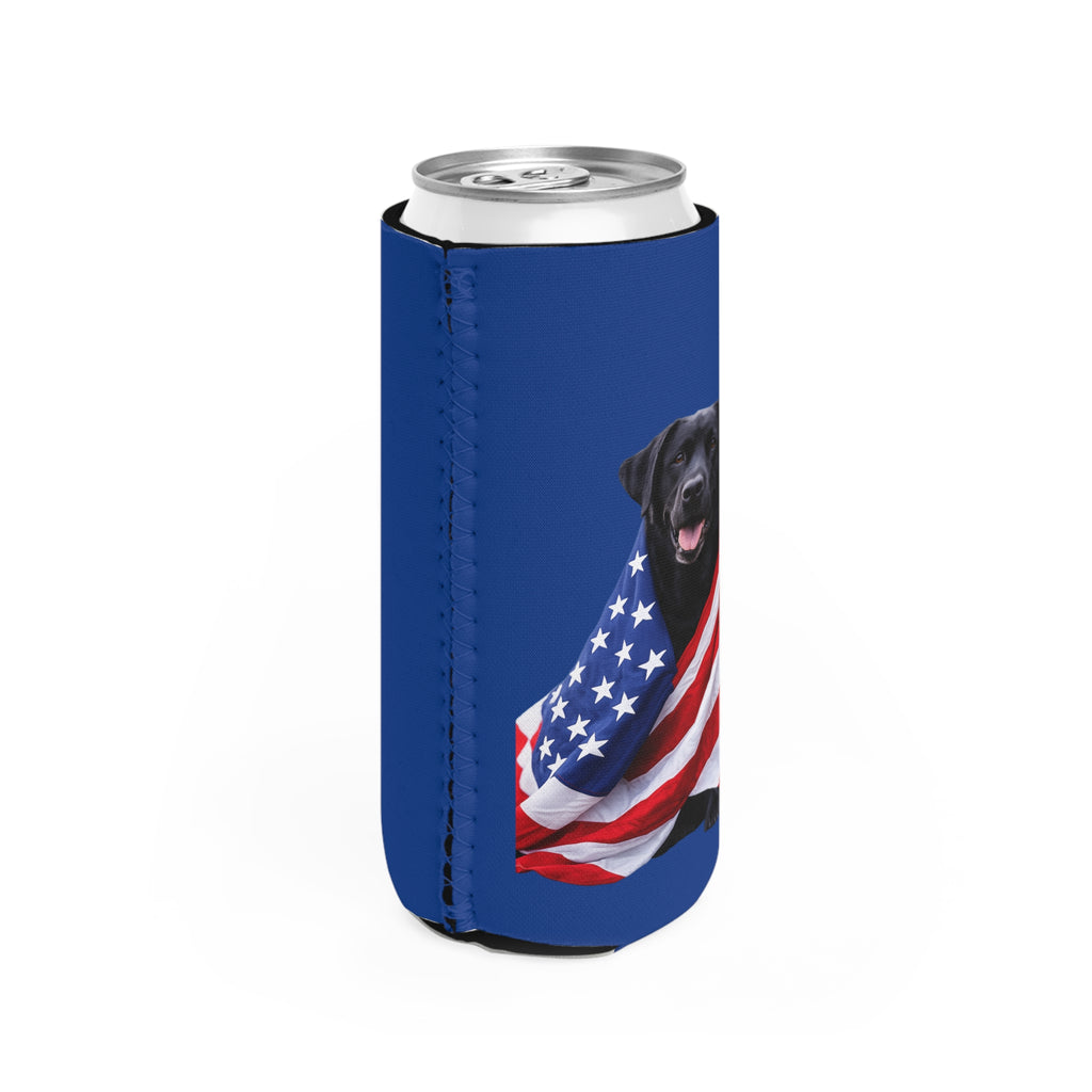 Black Labrador Wrapped in American Flag Slim Can Cooler | Patriotic Dog