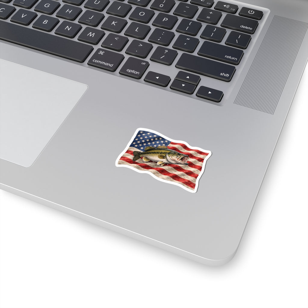 Bass Fish on American Flag Sticker | Kiss-Cut Vinyl Sticker