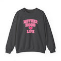 Crewneck Sweatshirt — "Motherhood Life" Pink Varsity Heart Graphic