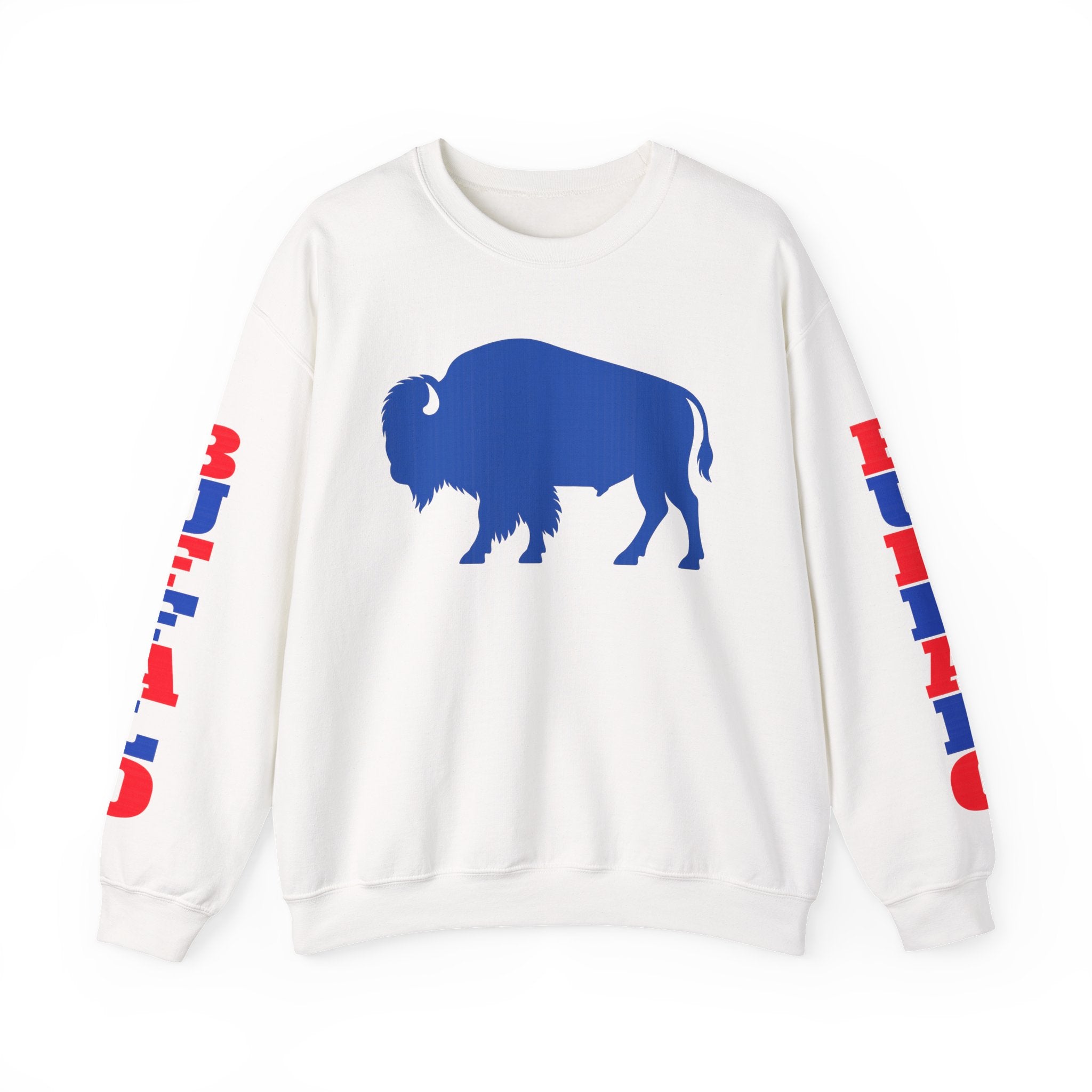 Blue Buffalo Silhouette Buffalo Sweatshirt | Red Blue Sleeve Text