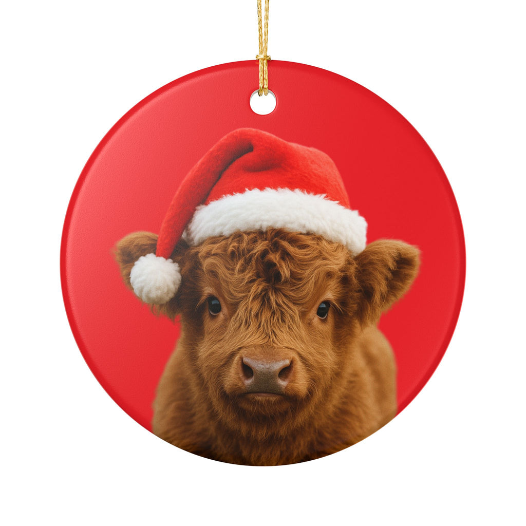 Highland Calf in Santa Hat Ceramic Ornament | Christmas Tree Decoration