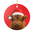 Highland Calf in Santa Hat Ceramic Ornament | Christmas Tree Decoration