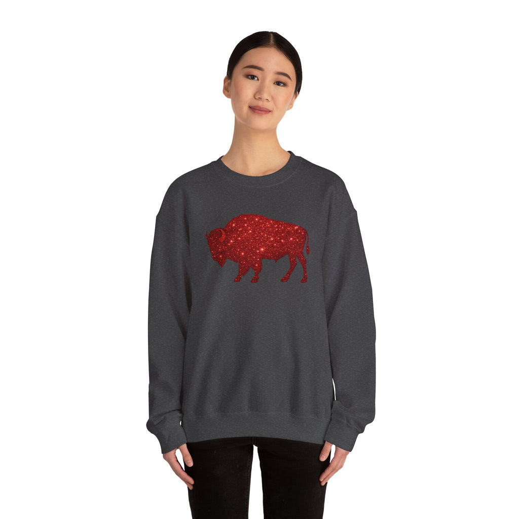 Red Glitter Buffalo Sweatshirt | Rustic Buffalo Silhouette, Western Farm