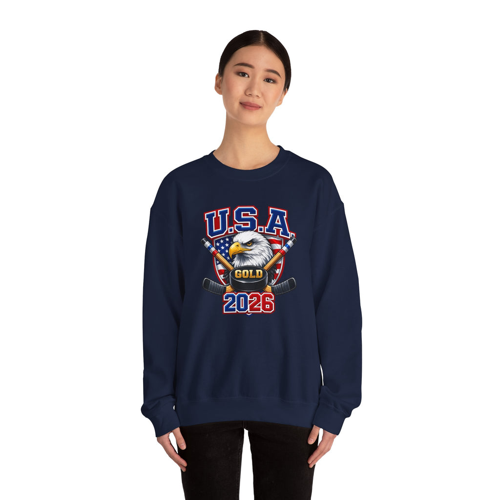 USA Hockey Eagle Crewneck Sweatshirt – 'Gold 2026' Patriotic Hockey Sweatshirt