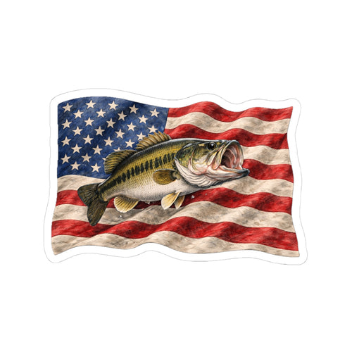 Bass Fish on American Flag Sticker | Kiss-Cut Vinyl Sticker