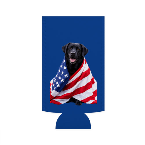 Black Labrador Wrapped in American Flag Slim Can Cooler | Patriotic Dog