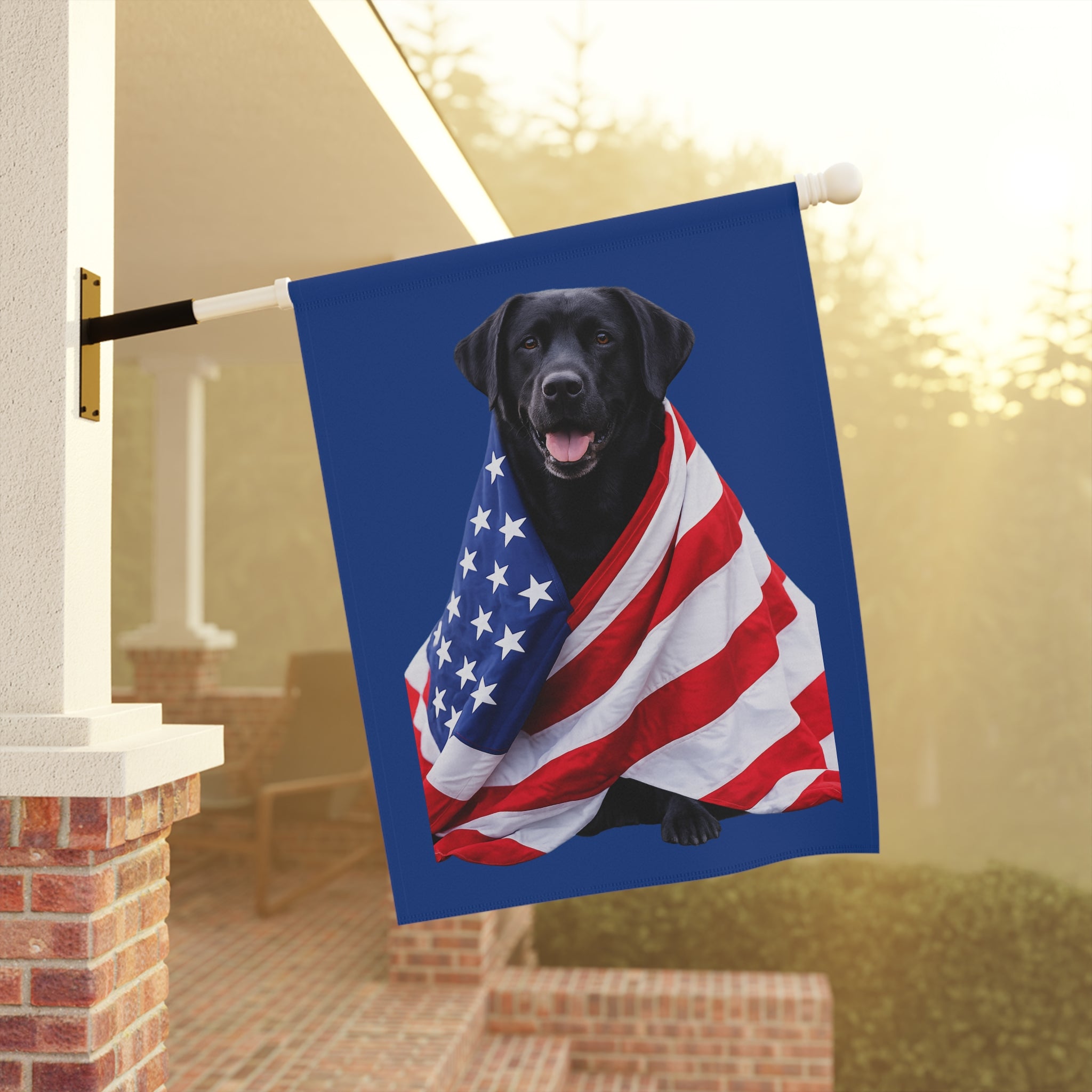 Black Labrador Wrapped in American Flag Garden & House Banner | Patriotic Yard Decor
