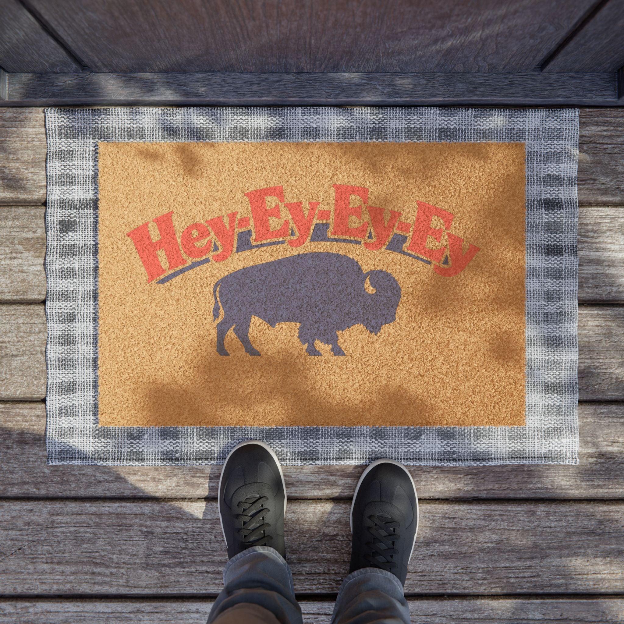 Hey Ey Ey Ey Buffalo Doormat | Rustic Buffalo Silhouette Welcome Mat