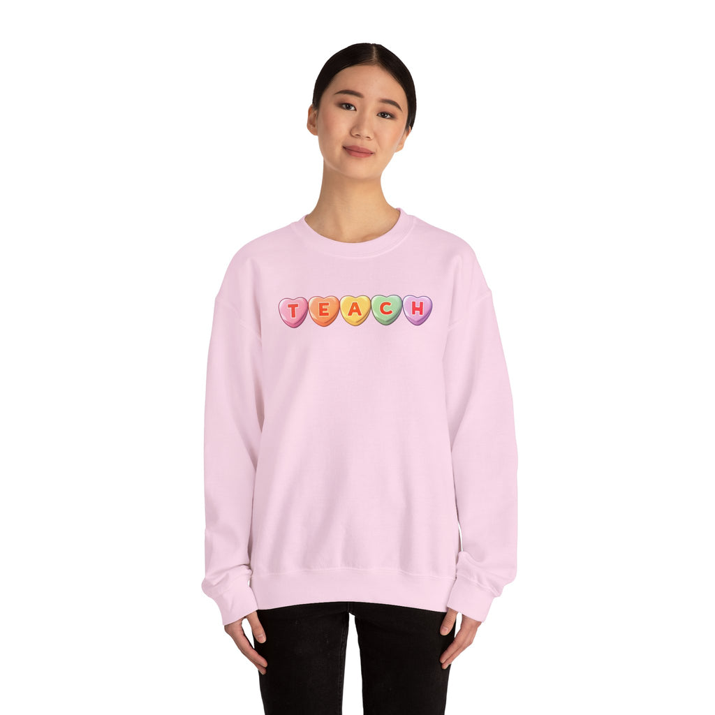 Teach Candy Hearts Crewneck Sweatshirt | Teacher Valentine Shirt