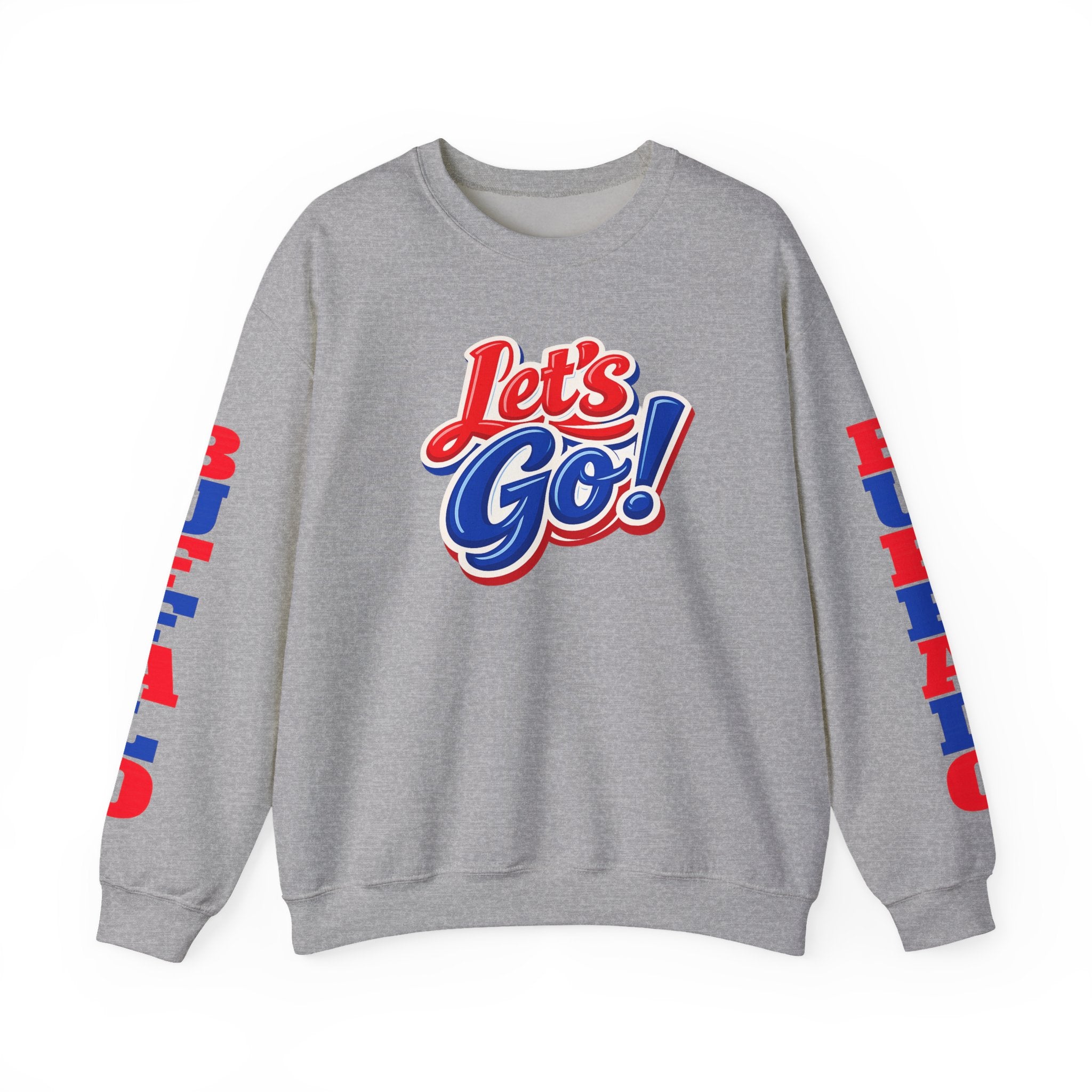 Let's Go! Buffalo crewneck sweatshirt | Retro script design, red blue sleeve text