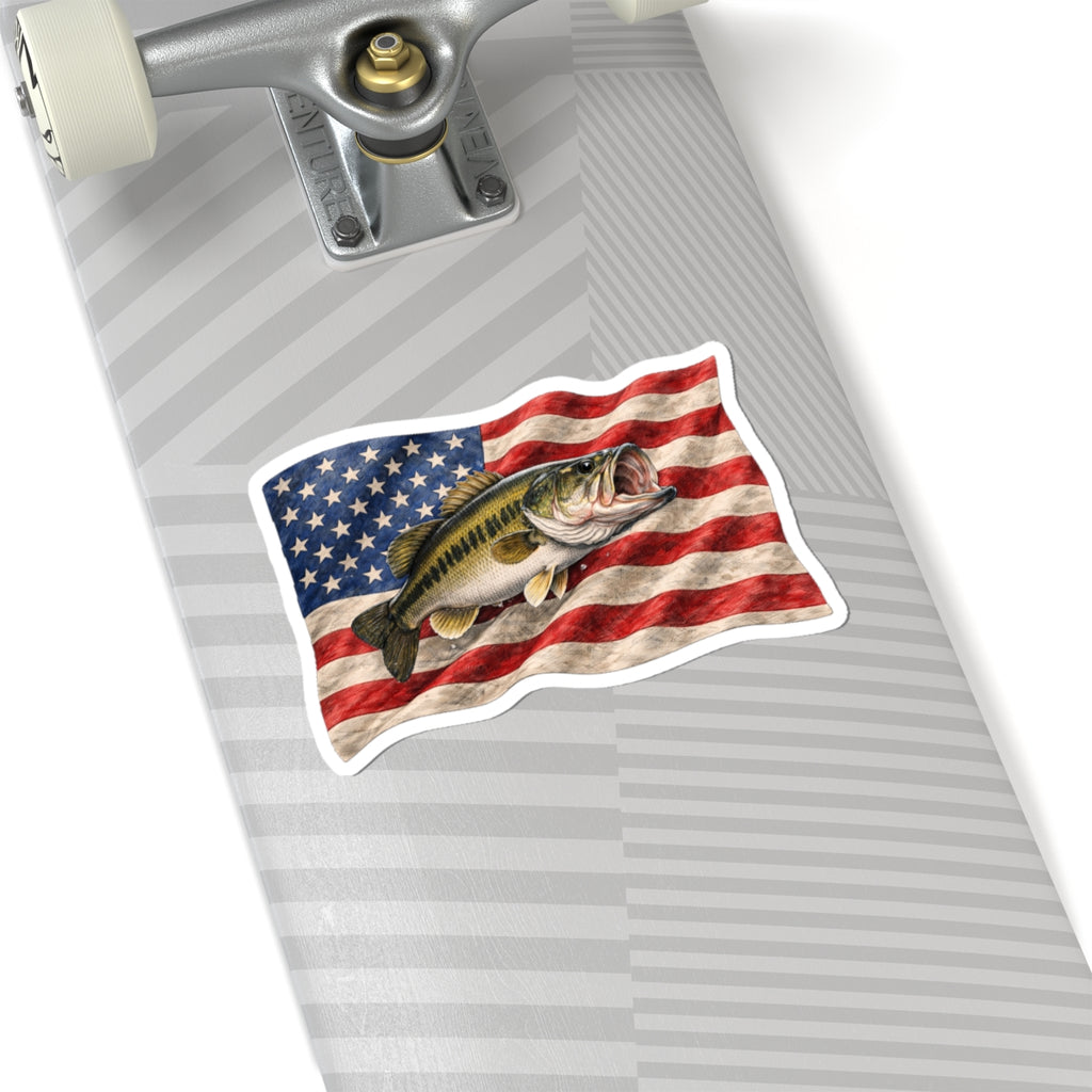 Bass Fish on American Flag Sticker | Kiss-Cut Vinyl Sticker