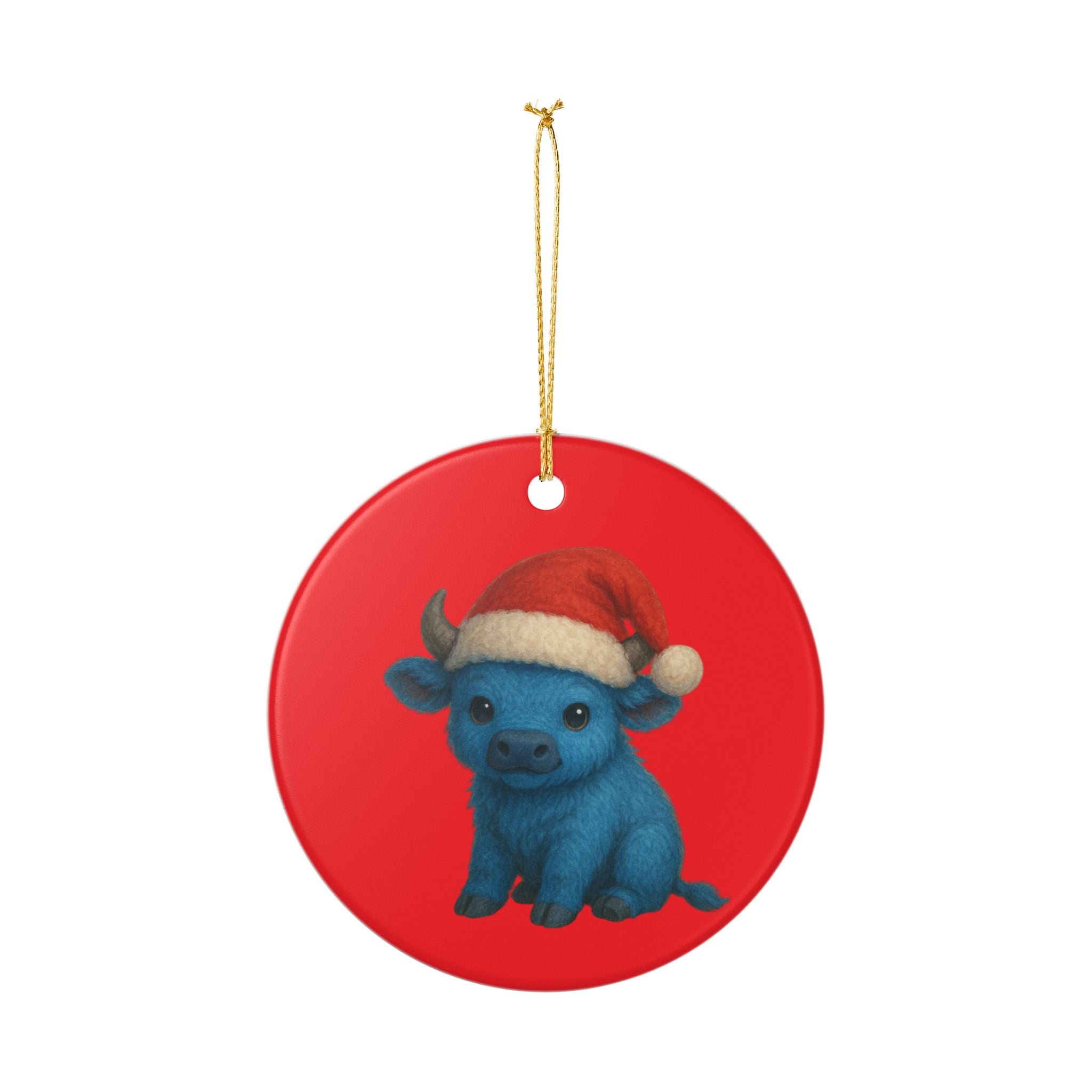 Blue Baby Buffalo in Santa Hat Ornament | Ceramic Christmas Ornament