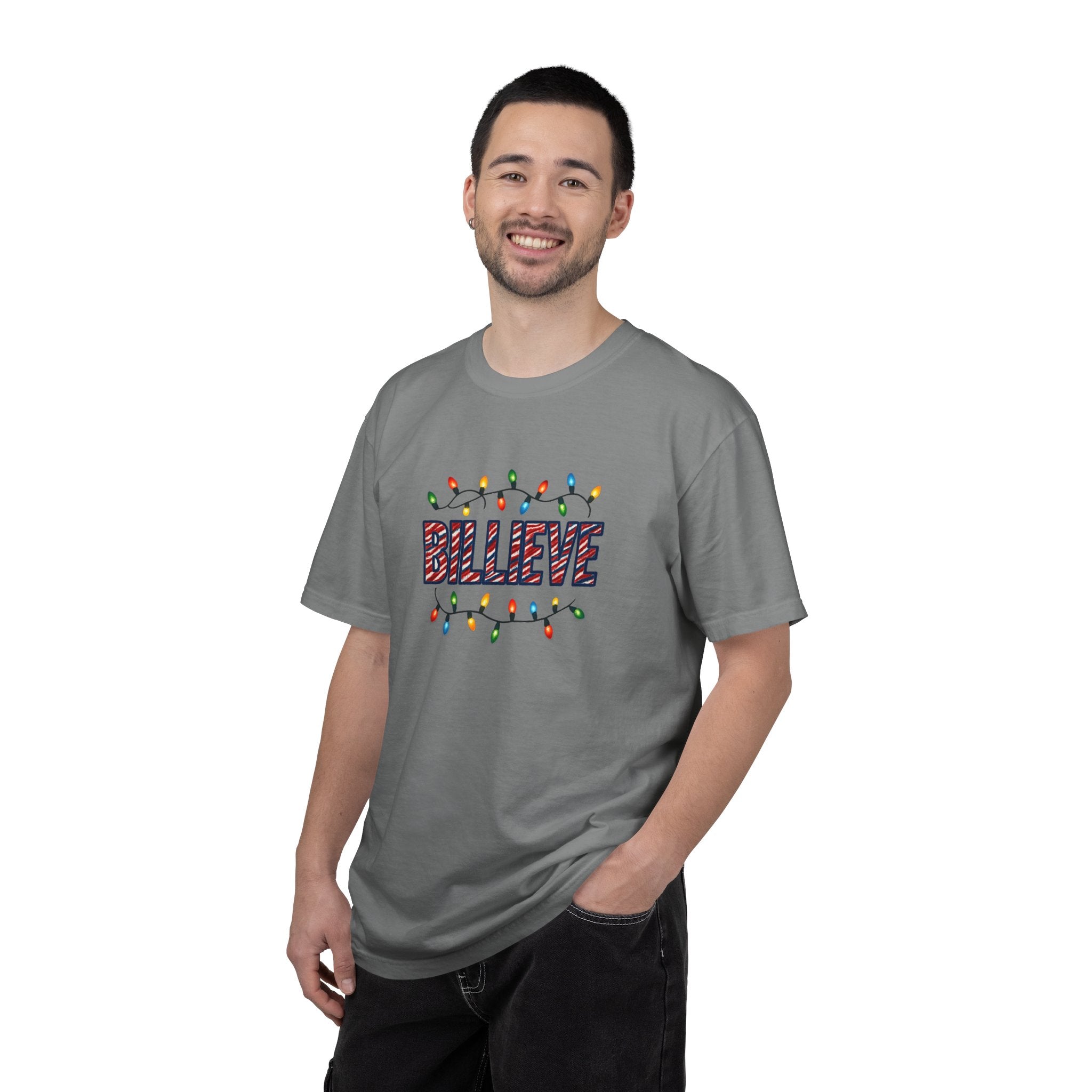 Billieve text with Christmas lights T-Shirt | Holiday graphic tee
