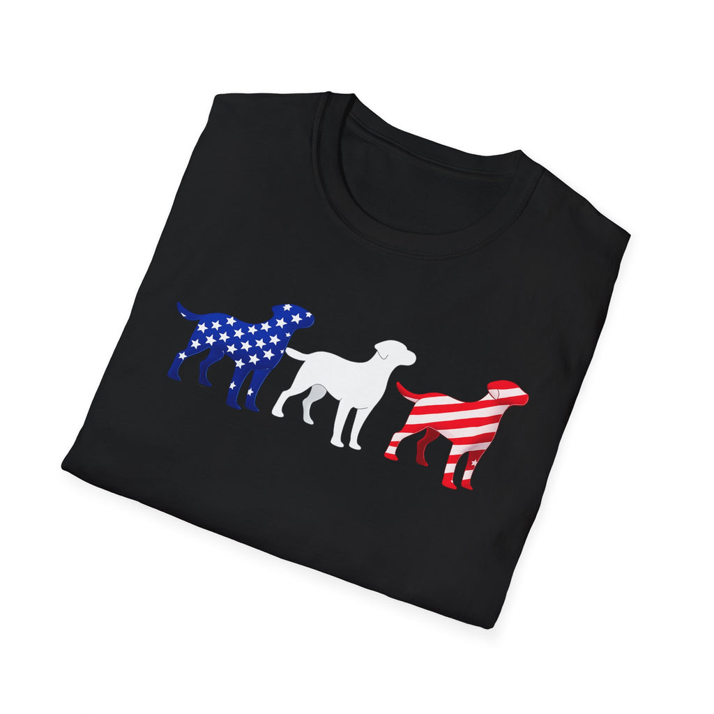 American Flag Labrador Trio T-Shirt | Patriotic Dog Silhouette Tee