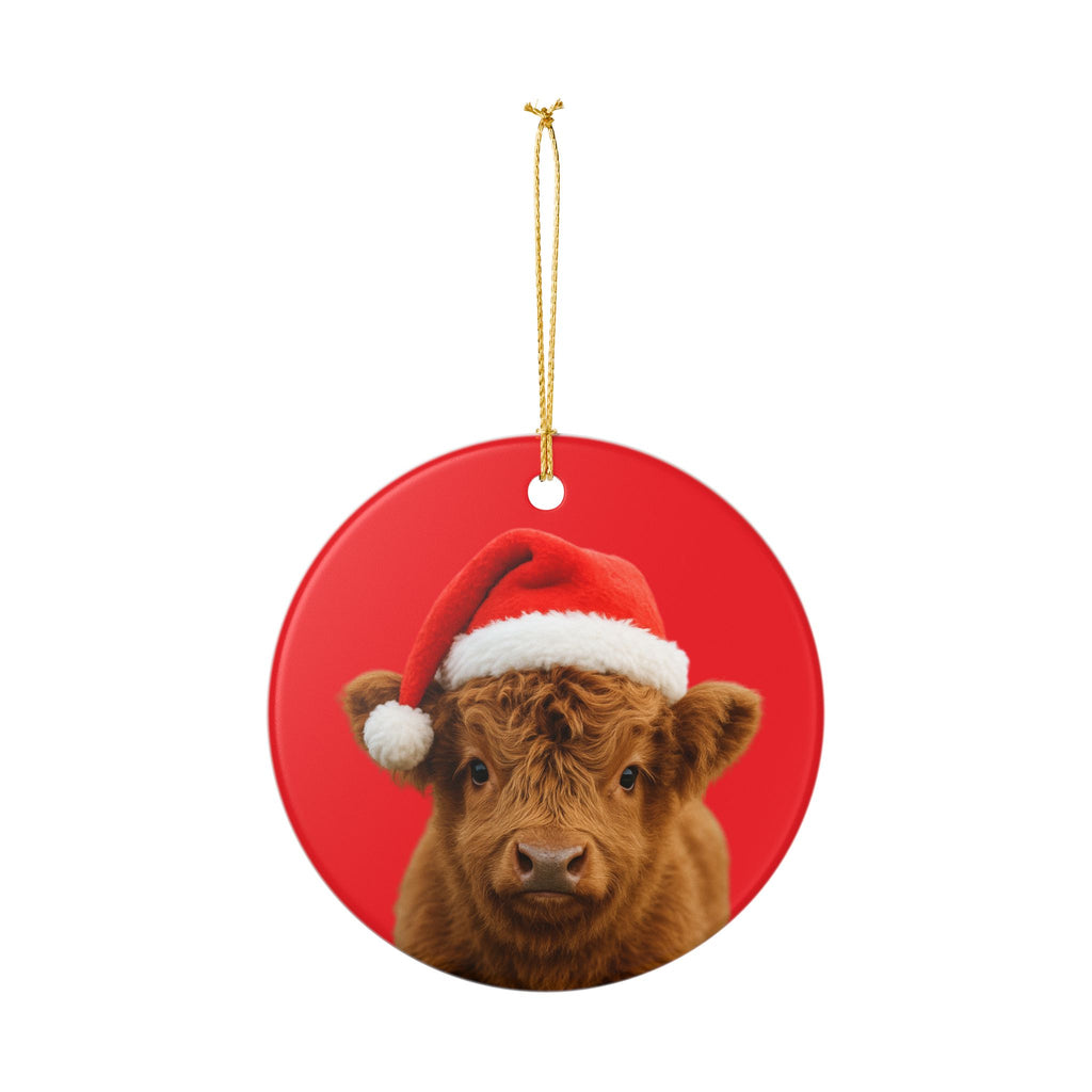 Highland Calf in Santa Hat Ceramic Ornament | Christmas Tree Decoration